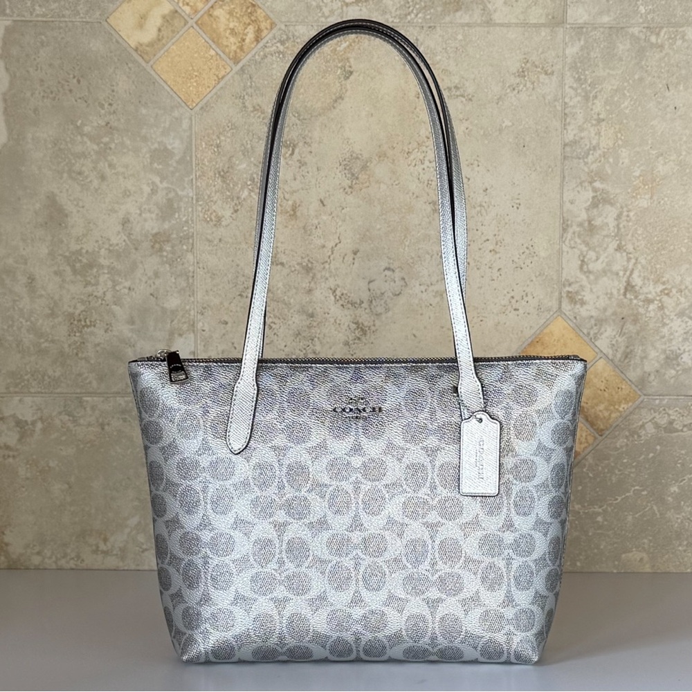 Coach Fiona Small Metallic Shoulder Tote Bag Silver